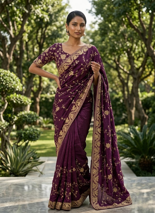 Space Silk Saree – Sequin & Zari Embroidery with Matching Blouse Australia