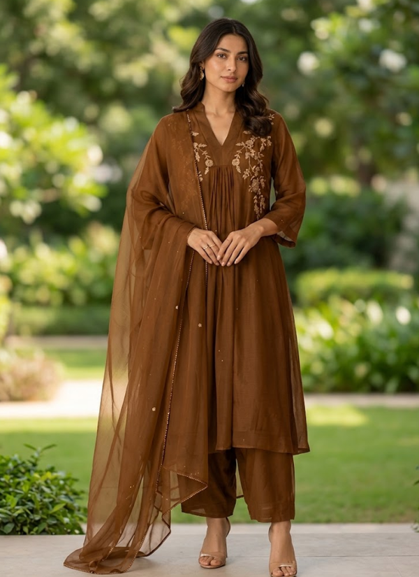 Mul Chanderi Kurta Pant Dupatta Set | Indian Designer Traditional Wear Online Australia