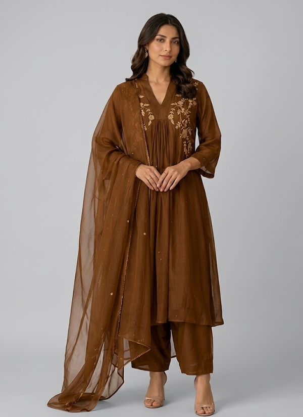 Brown mul chanderi kurta pant and dupatta set – styled on model