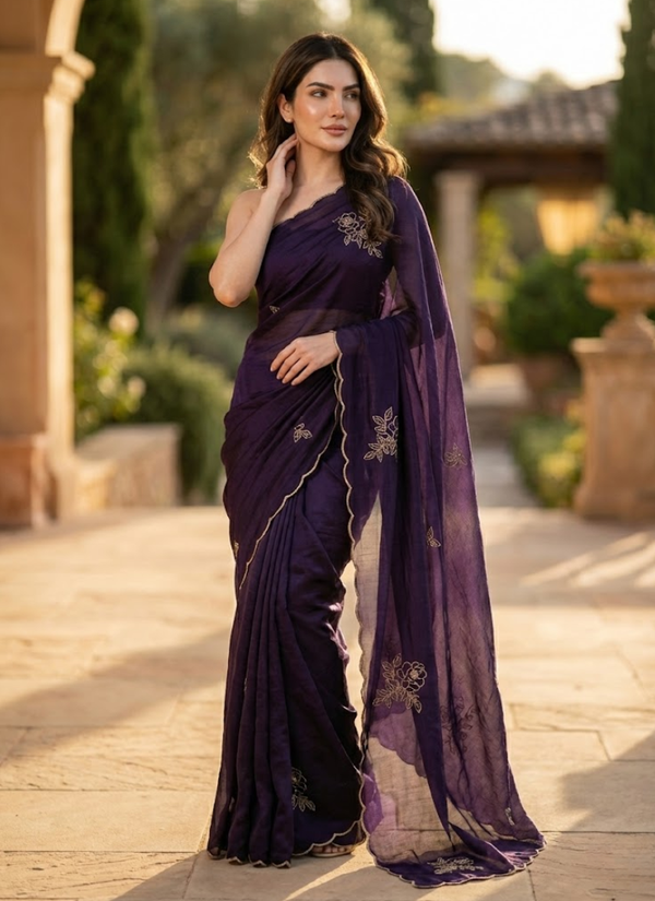 Dark Purple Silk Saree with Katdana & Pearl Handwork + Blouse Piece Australia