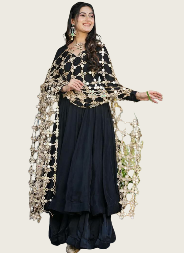 Roman Silk Anarkali Gown with Palazzo + Real Mirror Dupatta (Black) Australia