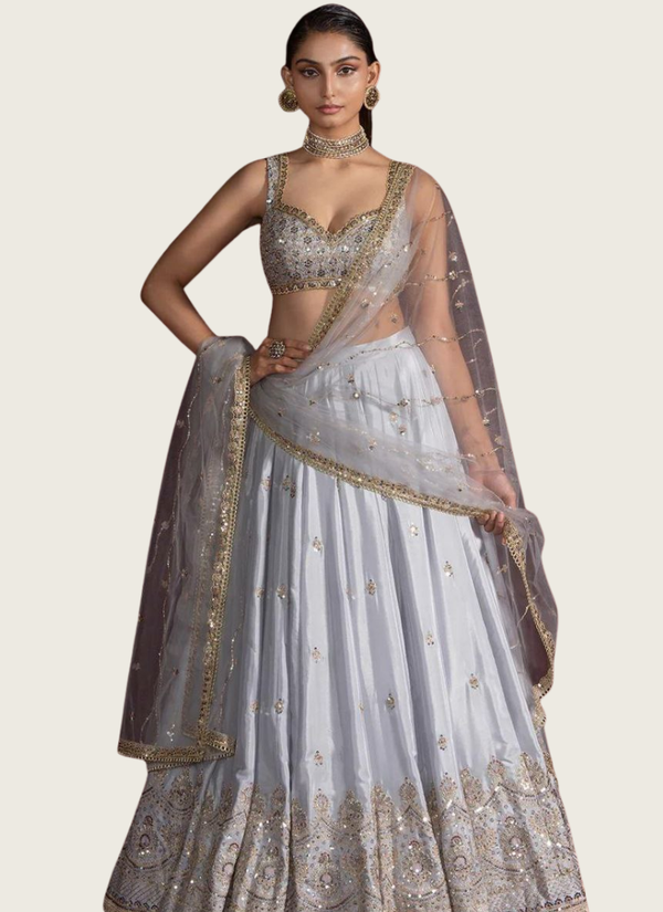 Light Grey/Silver Satin Silk Lehenga Choli with Sequins, Dori & Zari Embroidery + Net Dupatta Australia