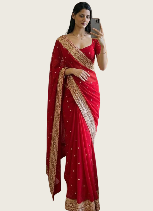 Pure Georgette Saree with Sequins & Dori Embroidery Border + Blouse Fabric Australia