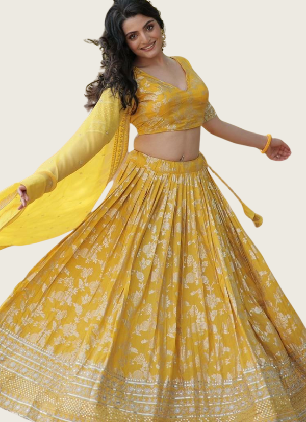 Viscose Jacquard Yellow Lehenga Choli with Sequins Embroidery + Russian Silk Dupatta (Flair 3.5m) Australia