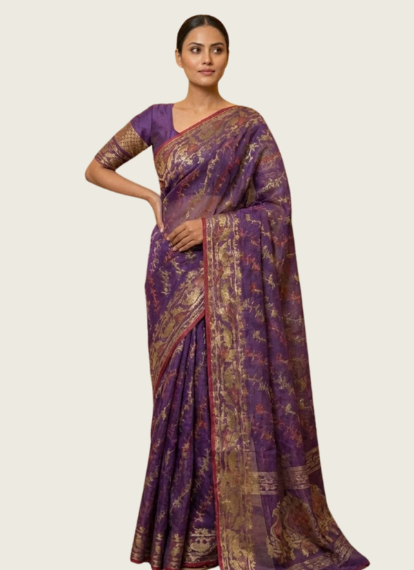 Dark Purple Jamdani Saree with Mari’s Thread Work Australia