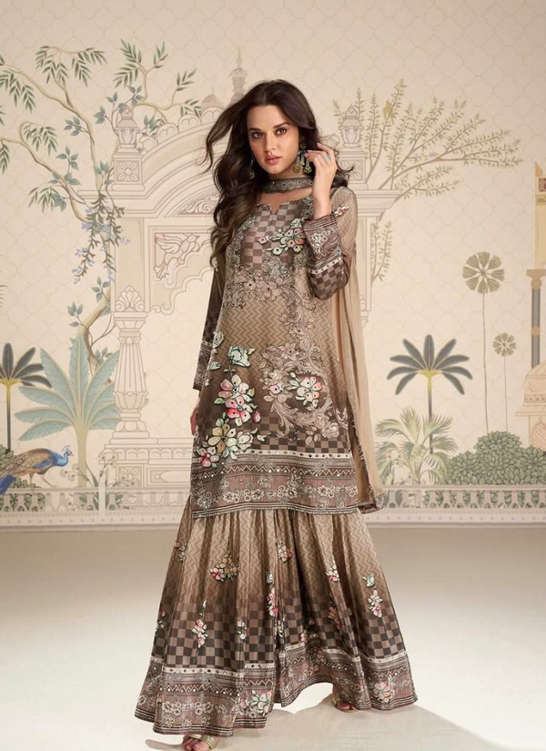 Mocha Brown Chinon Silk Sharara Suit with Mirror & Stone Work + Dupatta Australia