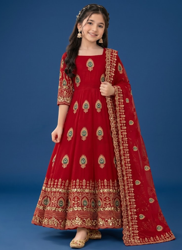 Kids Fendi Silk Embroidered Designer Gown Set - Indian Children Outfit