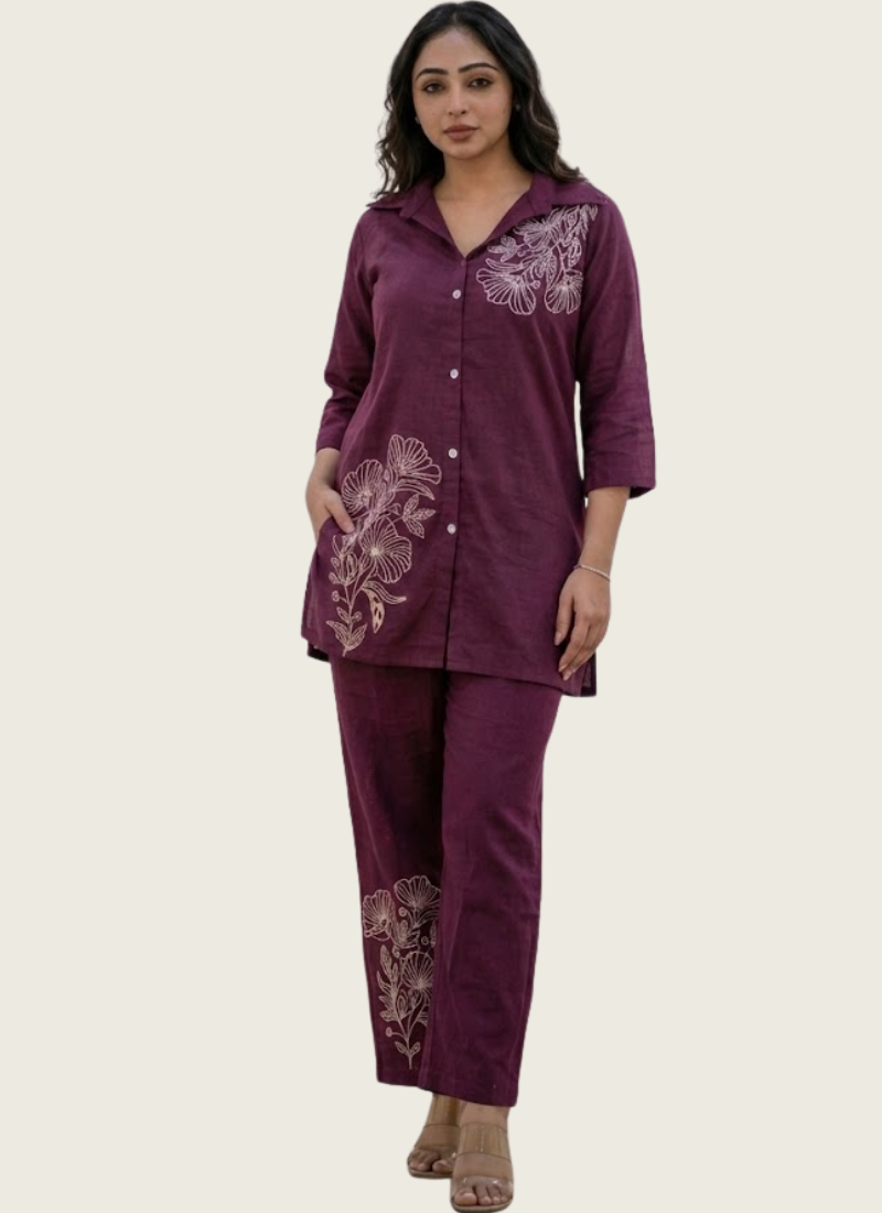 Cotton Slub Embroidered Co‑Ord Set for Women (Top & Pant)