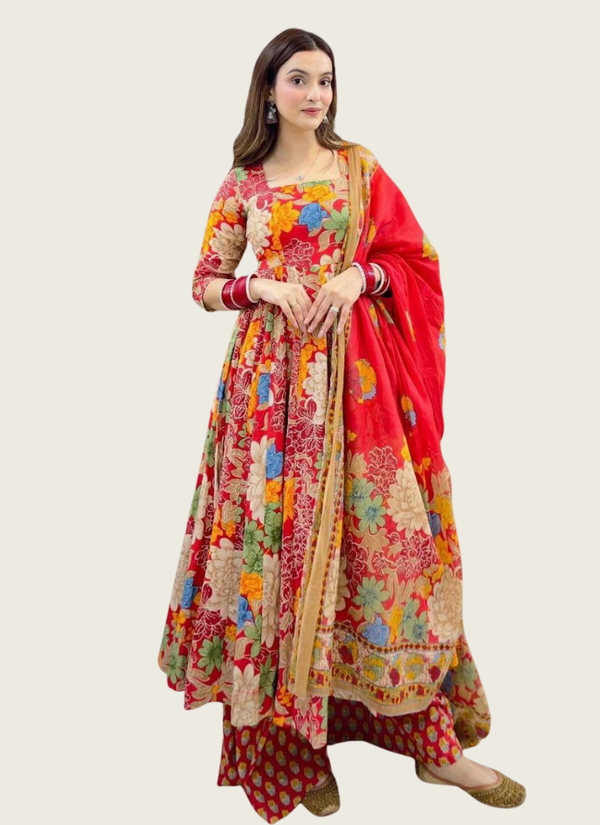Red Cotton Chanderi Anarkali Dress with Vibrant Floral Print (Sizes M–3XL) Australia