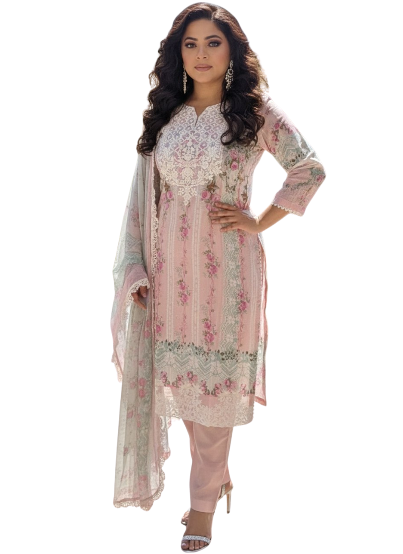 Women’s lawn cotton salwar kameez with chiffon dupatta, embroidered sleeves, and festive detailing.