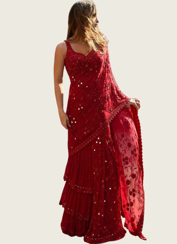 Soft Georgette Ruffle Saree with Mirror Work & Embroidered Blouse Fabric Australia