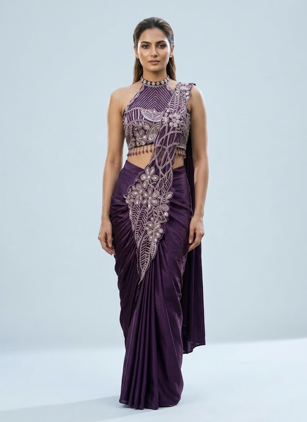 Purple star georgette ready to wear saree with embroidered bodice – full length