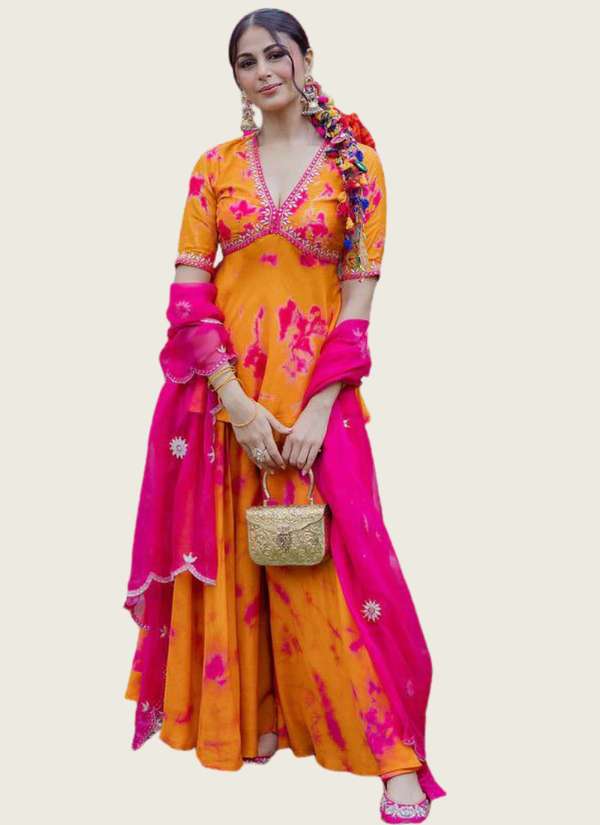 French Crepe Sharara Suit with Digital Print & Embroidered Neckline Australia