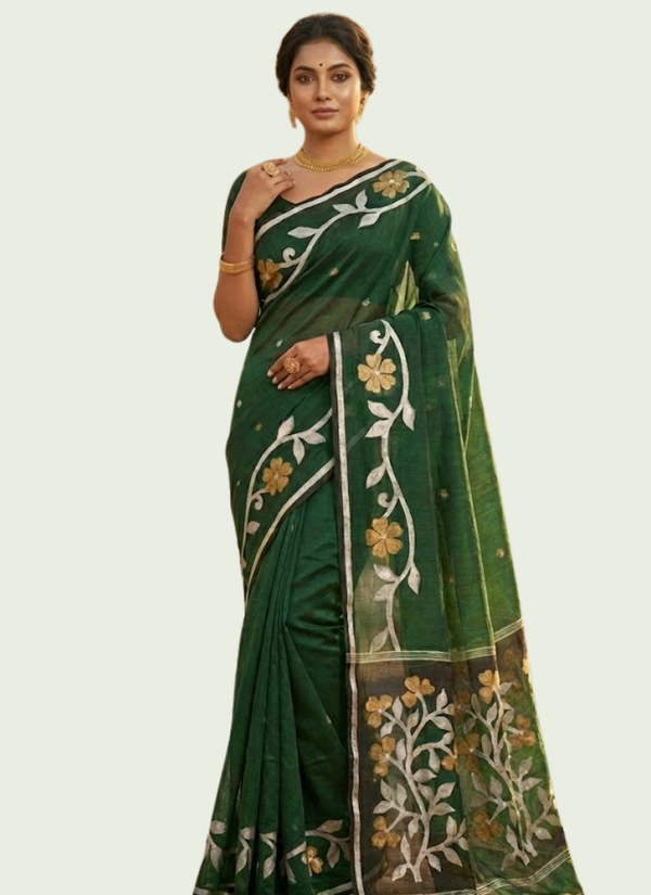 Bottle Green Tantuz Saree in Mixed Maslin Fabric Australia