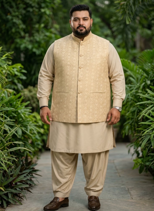 Men's Big Size Silk Kurta Pyjama with Jacquard Koti | Indian Men's Clothing Online Australia