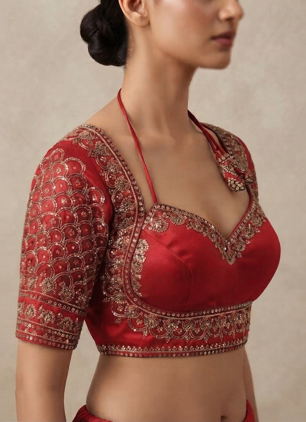 Red Italian silk women's blouse – hand embroidery with sequins and thread work, Gleemium Fashion Australia