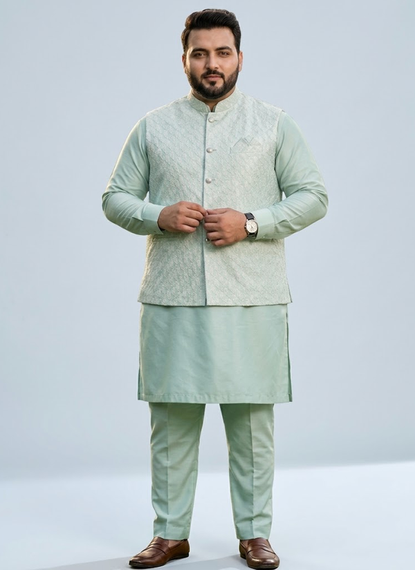 Indian Silk Kurta Pant Set with Jacquard Koti For Men