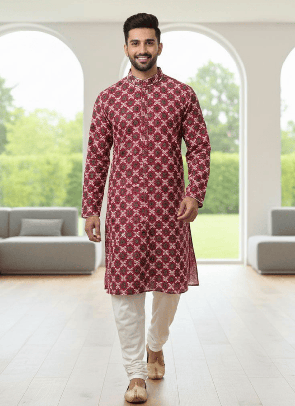 Magenta men's kurta – dupatta and set view