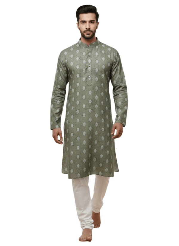 Green Linen Cotton Men’s Kurta with Printed Design Australia