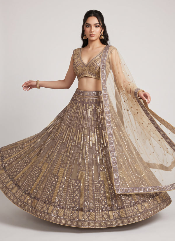 Diwali antique gold net lehenga front twirl with sleeveless blouse and net dupatta