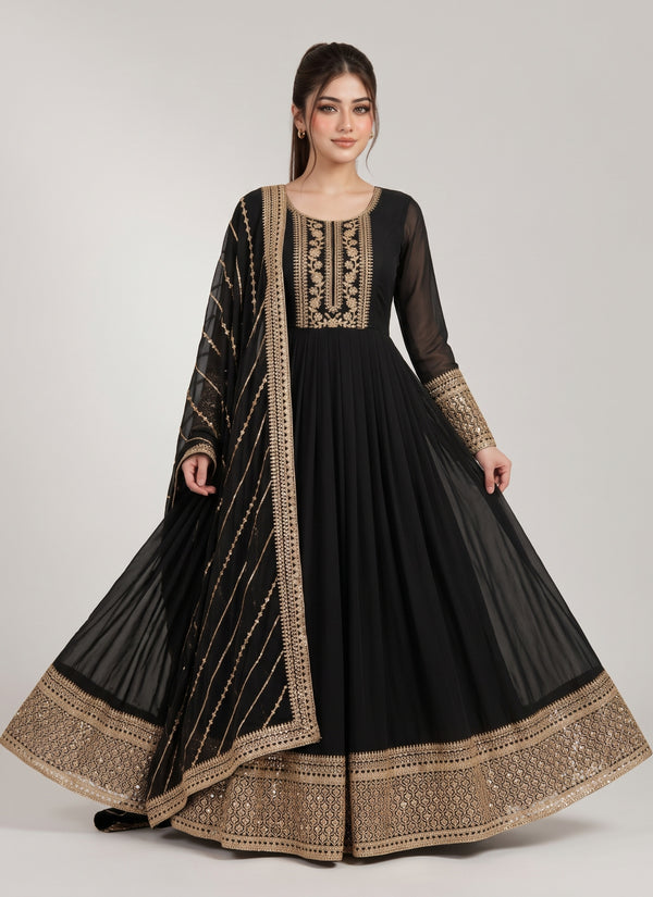 Black fox georgette anarkali gown with gold sequin embroidery and dupatta - front