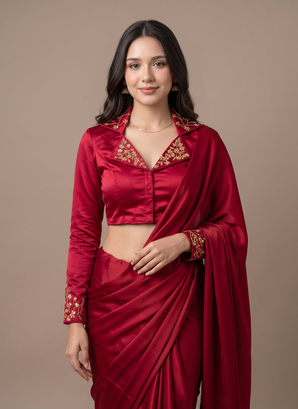Woman in red collar neck saree blouse with gold sequin handwork on lapels and sleeves – front view