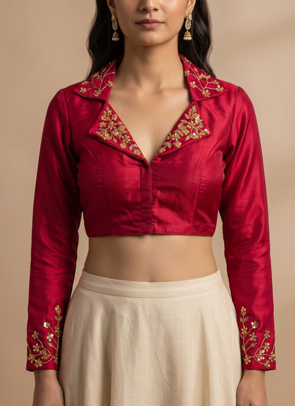 Red collar neck saree blouse with gold sequin handwork on lapels and full sleeves – front view