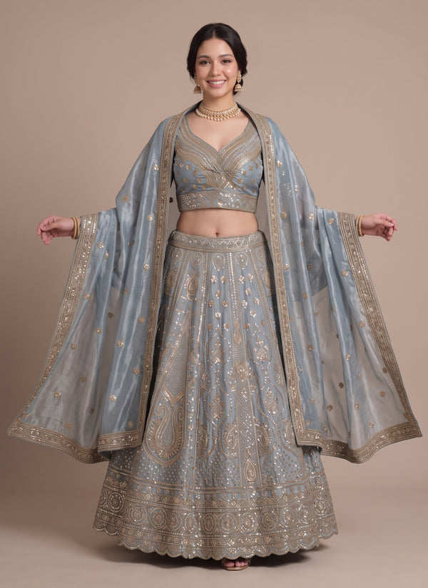 Glass silk dupatta spread open behind the arms to show its gold sequin border