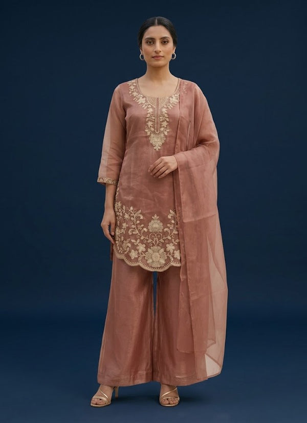 Dusty pink palazzo suit in Gabana silk with embroidered scalloped kurta and organza dupatta, front view