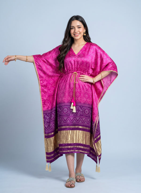 Magenta bandhani gaji silk kaftan dress with purple elephant border and gold gotta patti – front view