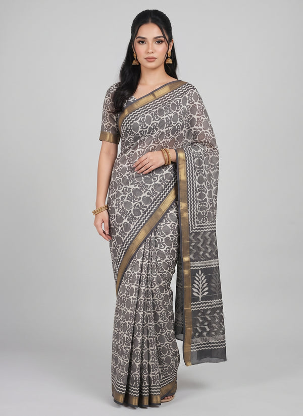 Grey Maheshwari saree with charcoal dabu block print – front view