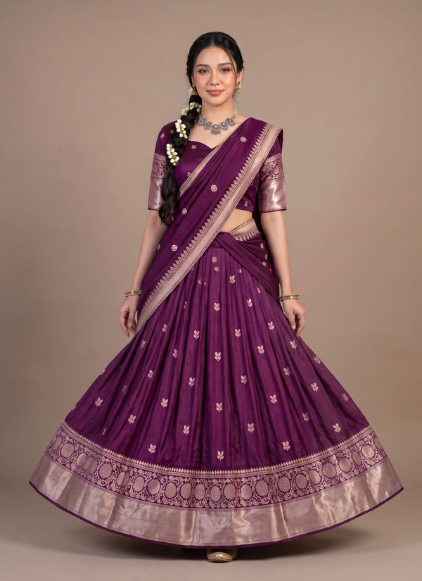Wine half saree lehenga with zari border and voni – front view