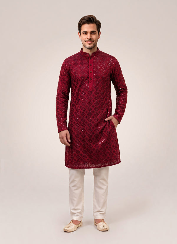 Maroon Lattice heavy sequin kurta for men – front view