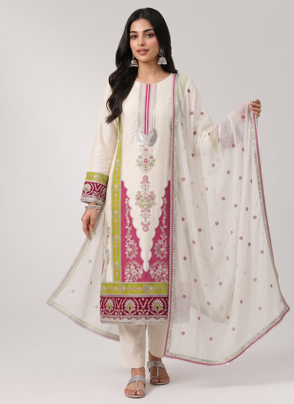 Ivory Roman silk embroidered suit with hot pink and lime green panel, maroon fan motif hem border and sheer embroidered dupatta, front view