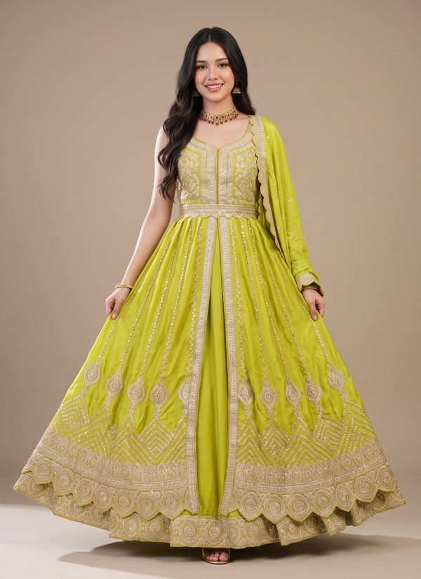 lime green front slit anarkali lehenga with gold embroidered bodice, belt and scalloped hem – flare pose