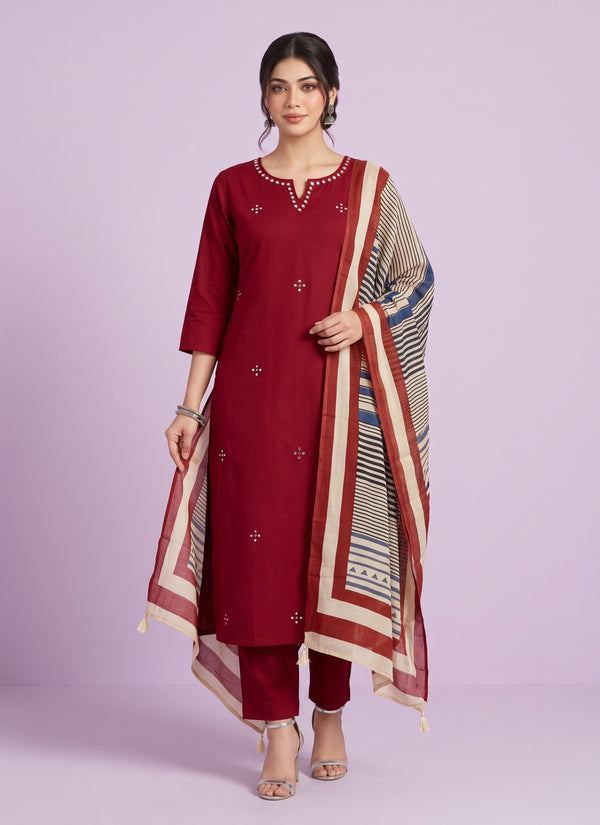 Maroon red mirror work cotton kurti pant set with striped mul dupatta – front view