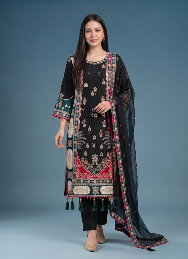 Black kaftan suit with sequin embroidery and teal applique panels, pants and dupatta – front view