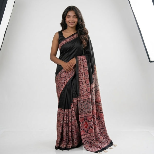Ajrak Printed Silk Saree – Digital Print with Real Mirror Handwork & Satin Blouse