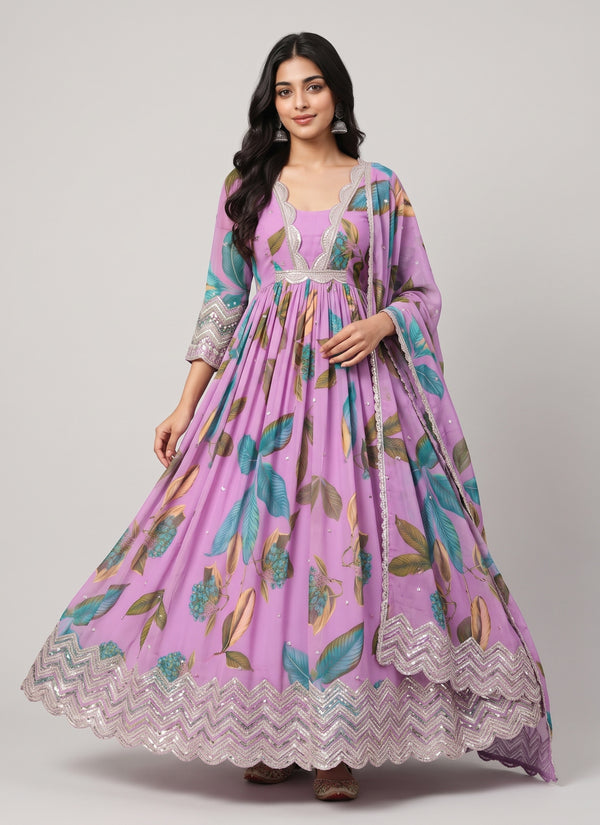 Lilac tropical leaf print georgette anarkali gown with scalloped sequin U-neck, chevron sequin hem and printed dupatta, front view