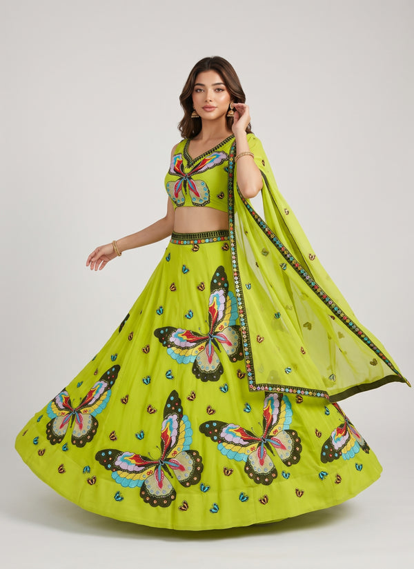 Diwali lime butterfly lehenga front twirl with butterfly blouse and dupatta