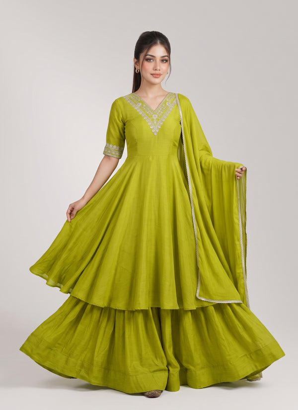 Lime Green chinon silk anarkali palazzo suit with dupatta - front