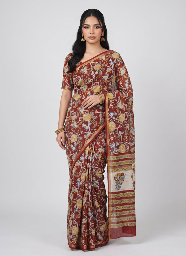 Maroon Maheshwari saree with kalamkari floral block print – front view