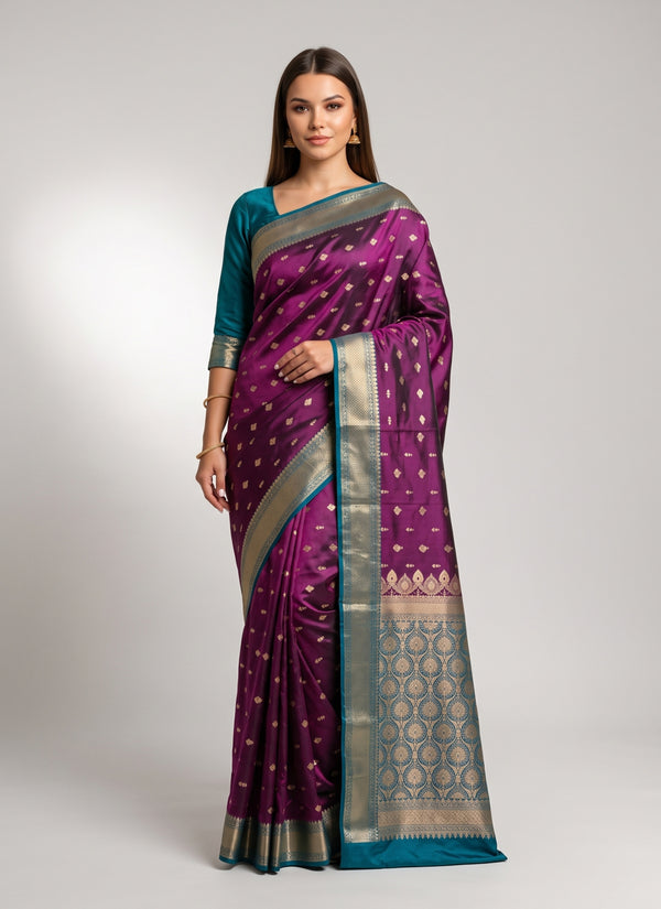 Wine purple mashru silk saree with contrast teal zari border – front view