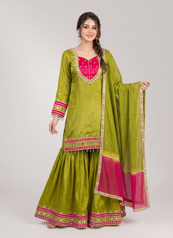 Mehendi green mirror work sharara suit with green and pink kota dupatta - front