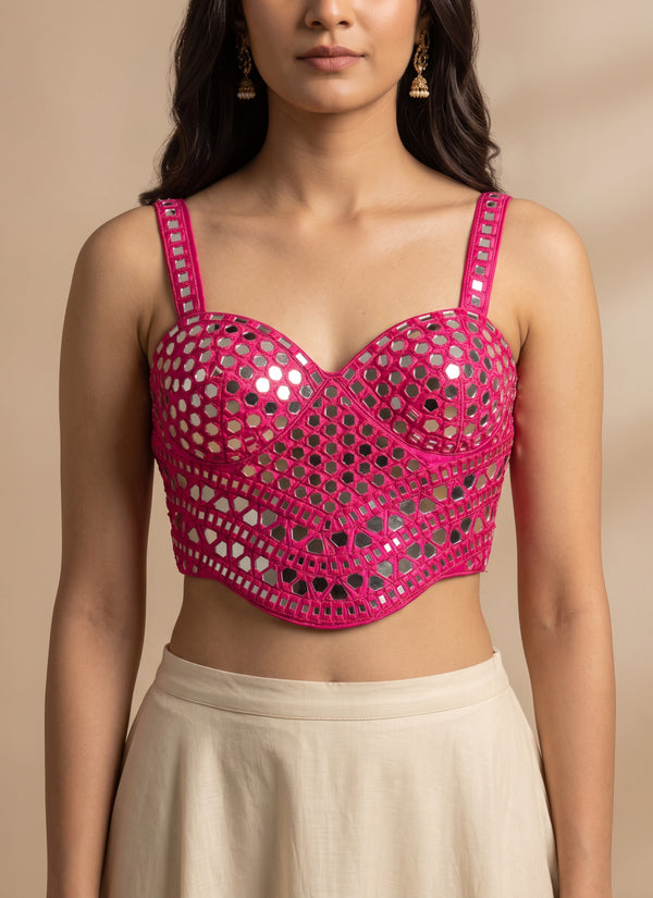Rani pink mirror work blouse – padded bustier crop top with real mirror handwork, front view