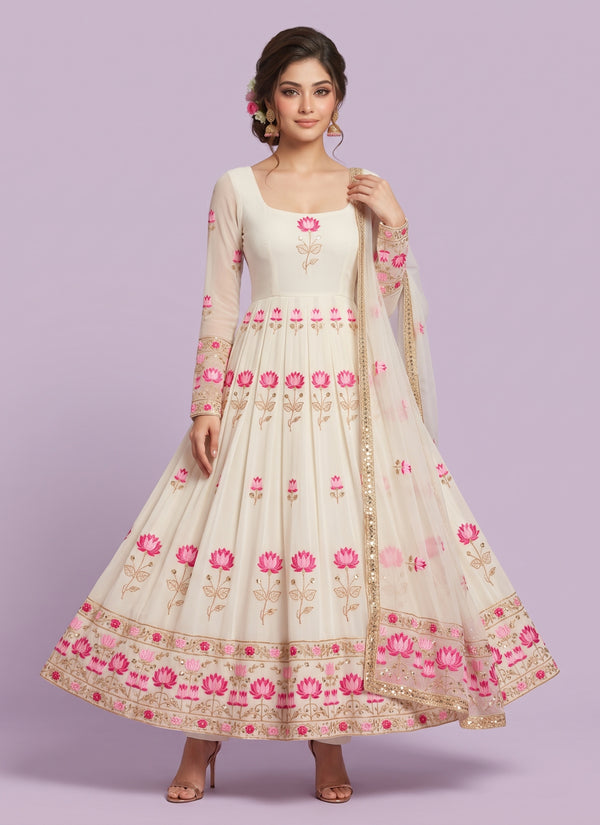 Off-white anarkali gown suit with pink lotus embroidery and dupatta - front