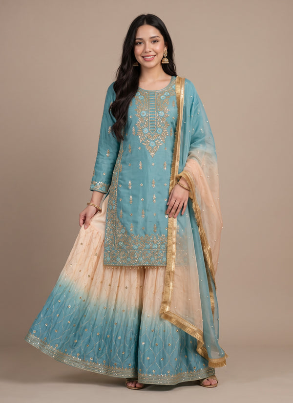 Sea blue ombre silk sharara suit with heavy sequin embroidery – front view