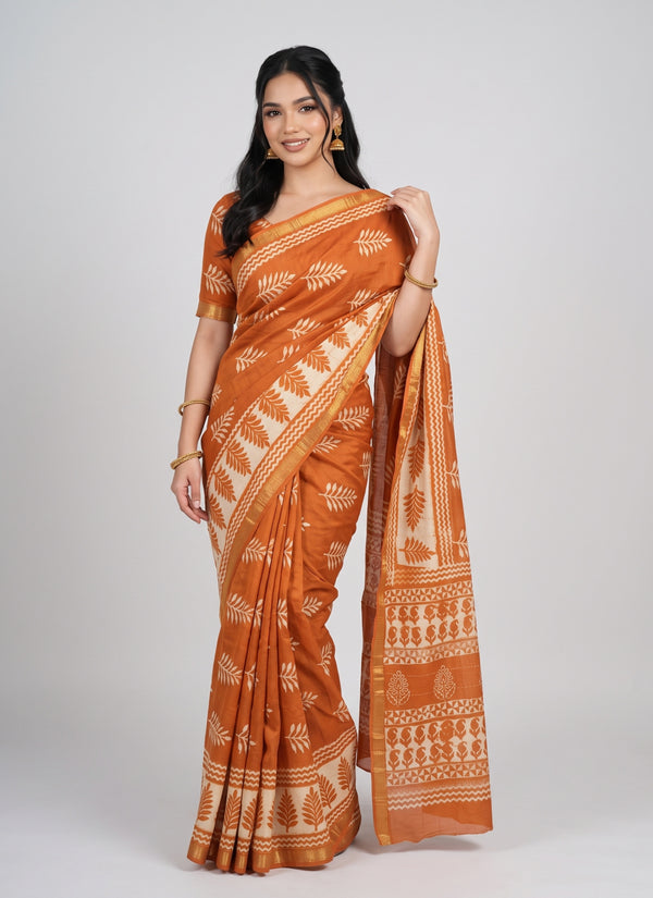 Orange Maheshwari saree with cream fern block print – front view