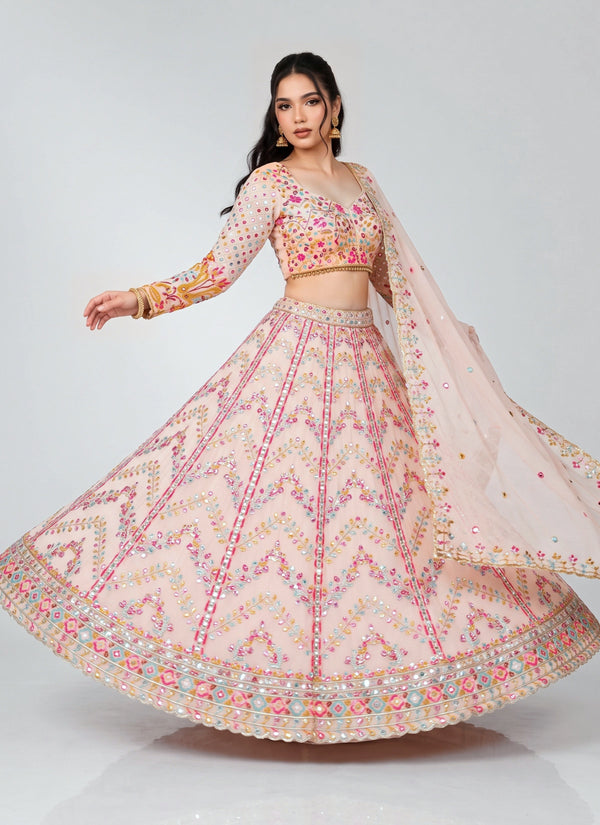 Diwali peach mirror work lehenga front twirl in blush peach with full sleeve blouse and dupatta