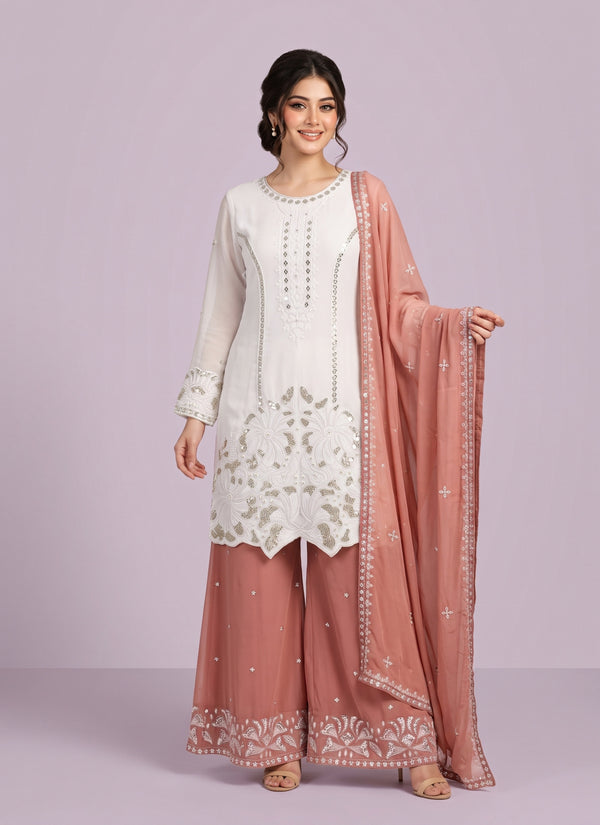 White georgette sequin palazzo suit with peach palazzo and dupatta - front